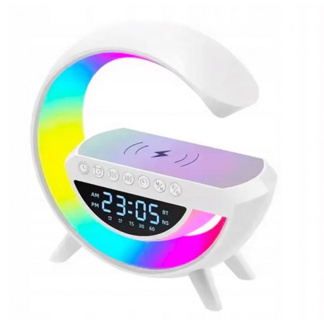 Lampka LED RGB Ładowarka indukcyjna Głośnik Bluetooth Budzik Radio Zegar używana